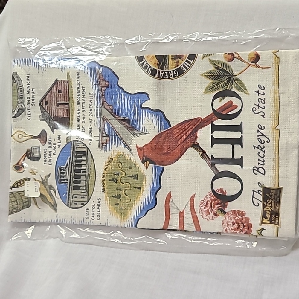 1970s Kay Dee Handprints 100% Linen Tea Towel Ohio Buckeye State Herzog's